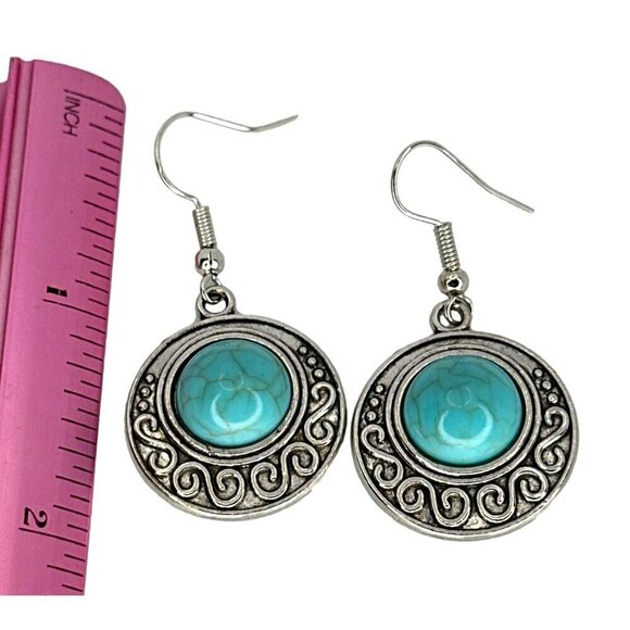 Turquoise & Silver Tone Dangle Earrings With Intricate Design - Picture 4 of 4
